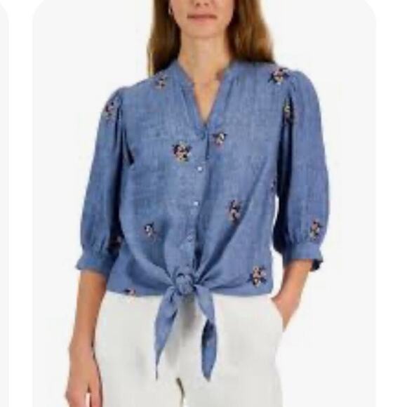 Charter Club Women’s Size XL 100% Linen 3/4 Tie Waist Blouse Floral Embroidery - Picture 1 of 12